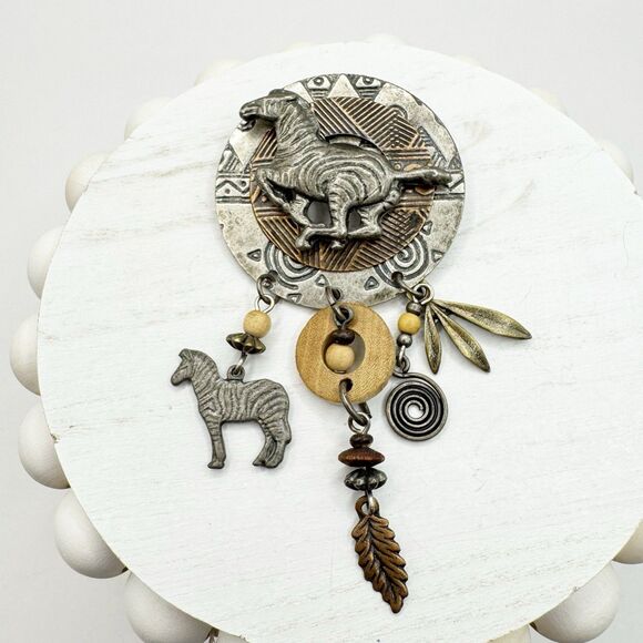 Vintage Mixed Metal Tone Zebra African Safari Brooch Pin Large Dangles - Picture 2 of 6